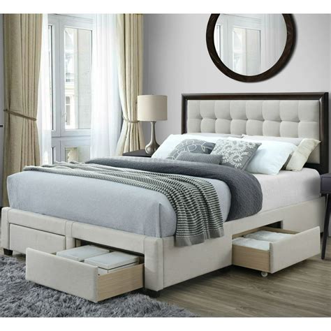 Dg Casa Soloman Upholstered Panel Bed Frame With Storage Drawers And Wood Trim Tufted Headboard