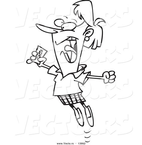 Vector Of A Cartoon Happy Woman Holding A Winning Lottery Ticket