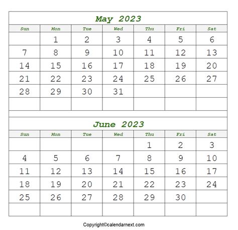 Printable May And June 2023 Calendar With Holidays And Template