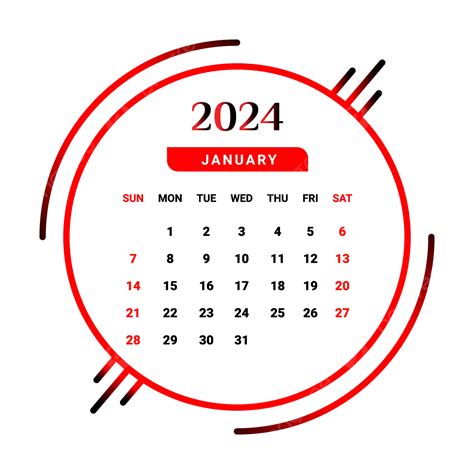 Gambar Kalender Bulan Januari 2024 Berwarna Merah Dan Hitam Vektor