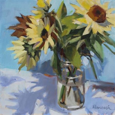 Daily Paintworks Yellow Sunflowers On Blue Original Fine Art For