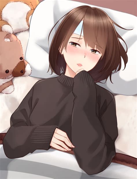 Kapatarou Original Commentary Request Highres 1girl Bed Black Sweater Blush Brown Eyes