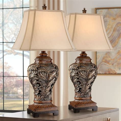 Barnes And Ivy Traditional Table Lamps Set Of 2 Bronze Curling Leaves