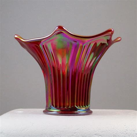 Mosser Red Fine Rib Carnival Glass Flared Squatty Vase 6 Carnival Glass