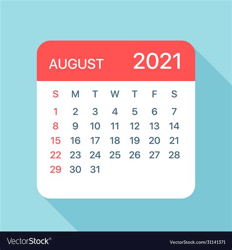 August 2021 Calendar Leaf Royalty Free Vector Image