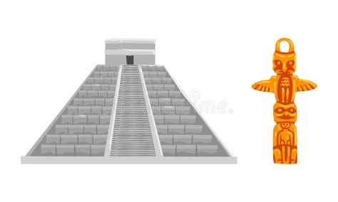 N Maya Civilization Symbols Set Mayan Pyramid And Totem Pole Cartoon