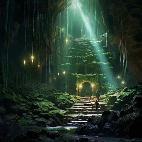 Premium Photo A Man Stands In A Cave With A Mossy Cave And A Light Is