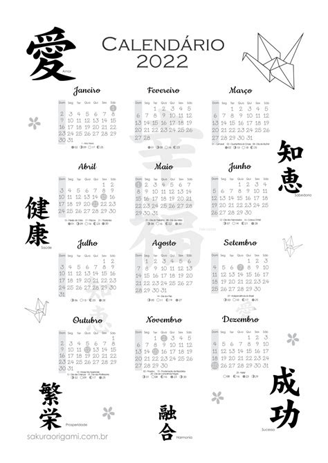 Calendário 2022 Oriental Para Baixar E Imprimir Sakura Origami Ateliê