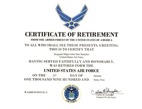 United States Air Force Retirement Certificate Military Certificates