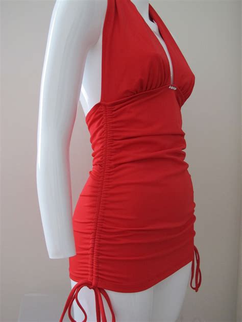 Red Swim Dress 3 Swarovski Crystals On Cf Wide Neck Ties Etsy