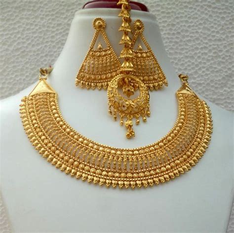 22K Gold Plated Indian Hansuli Chocker Necklace Earrinsg Tikka Wedding