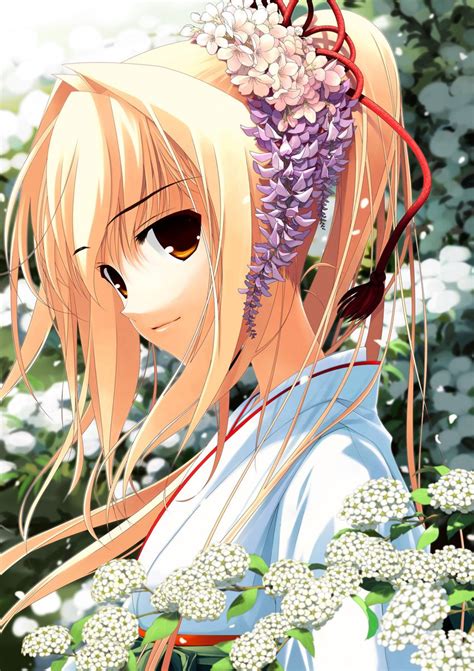 Anime Art Anime Kimono Flowers Long Hair Ponytail