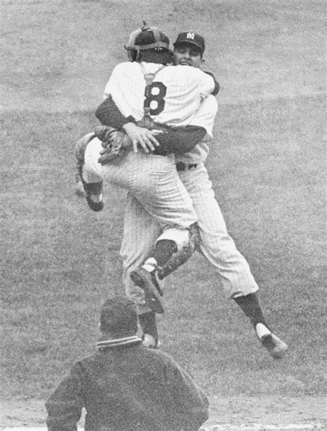 World Series Game 5 Oct 8 1956 New York Yankees Pitcher Don Larsen Hugs Catcher Yogi Berra