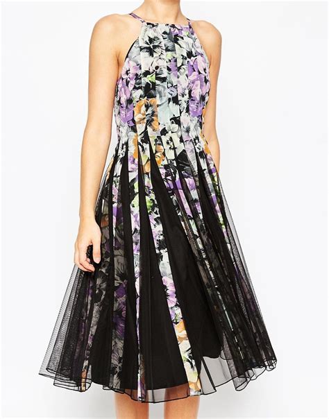 Image 3 Of Asos Tall Mesh Fit And Flare Midi Dress In Dark Floral Print