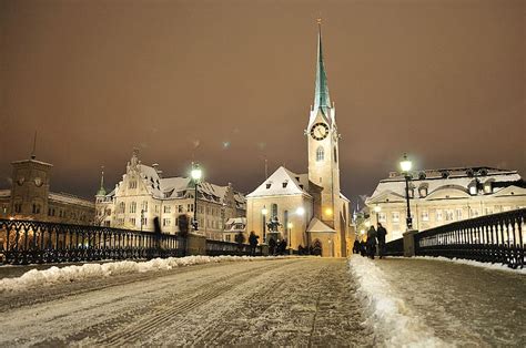 Winter Night Snow Light Switzerland Church Zurich Churches