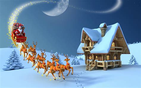 Merry Christmas Reindeer Santa Claus Wooden House Snow