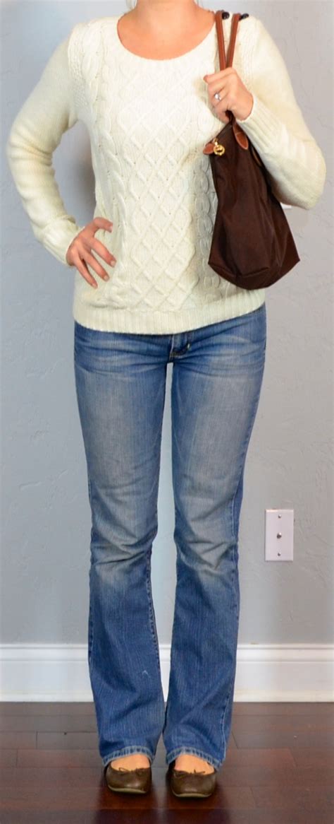 Outfit Post Cream Cable Knit Sweater Bootcut Jeans Brown Flats