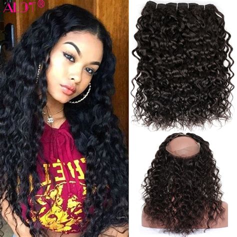 Alot Water Wave Human Hair Bundles With Lace Frontal Closure Non Remy Brazilian Hair Weave