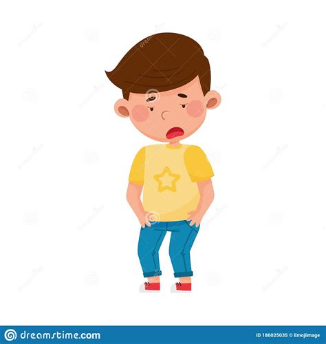 Dark Haired Boy Standing With Tired Face Vector Illustration Stock
