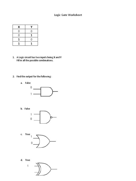 Logic Gate Worksheet 1 A Logic Circuit Has Two Inputs Being X And Y