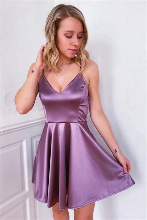 Cute V Neck Purple Short Prom Dress A Line Satin Homecoming Dress Gra