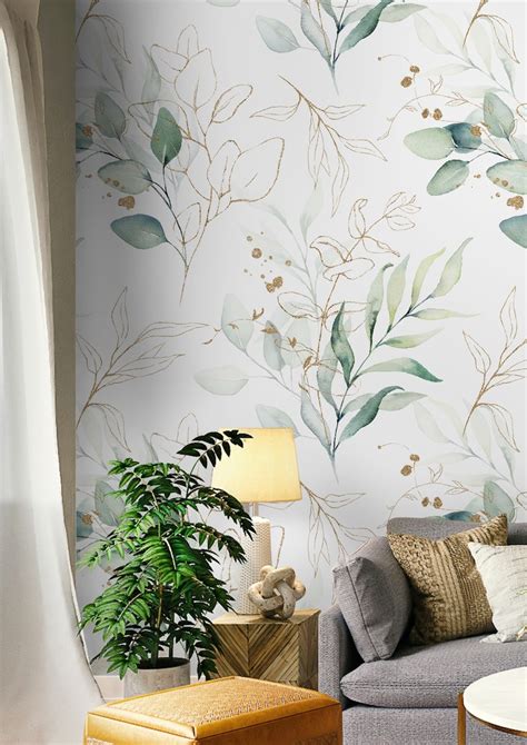 Leaf Pattern Wallpaper Peel And Stick Green Eucalyptus Etsy