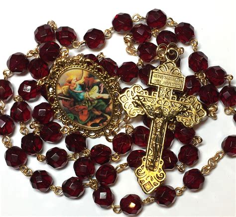 St Michael The Archangel 5 Decade Rosary Deep Red Faceted Etsy