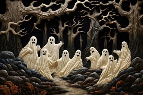 Premium Ai Image Group Of Spooky Halloween Ghosts In Dark Forest