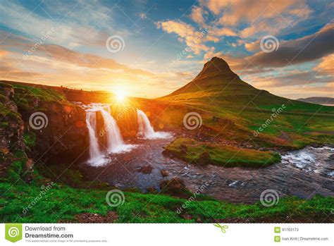 Colorful Sunrise On Kirkjufellsfoss Waterfall Stock Image