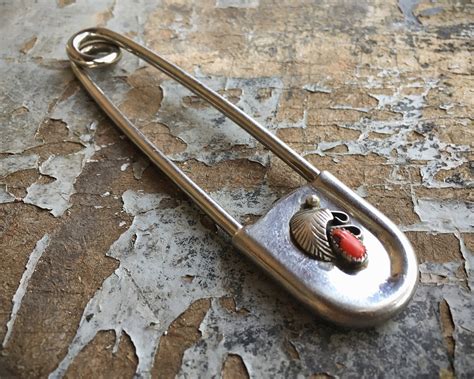 4 14 Long Large Safety Pin Sterling Silver Coral Brooch Pin Vintage