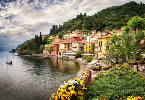 Hd Wallpaper Italy Town House Buildings Mountain Alps Lake Flower Tree
