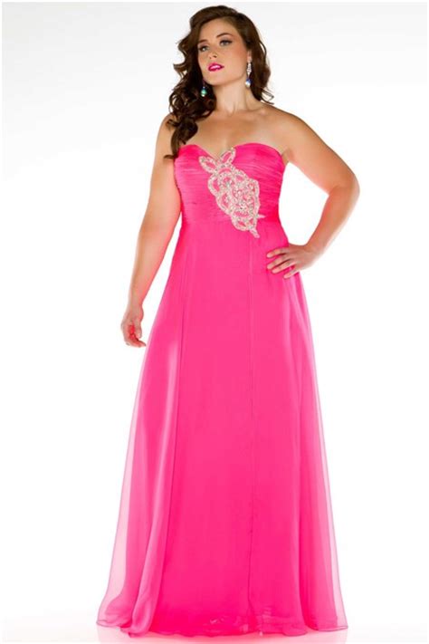 Simple A Line Strapless Long Neon Pink Chiffon Beading Plus Size Party