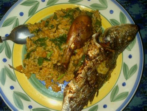 1tbsp sunflower oil · 15g butter · 1 onion · 1 stick celery, diced · 1 carrot, diced · 1 green or red pepper, deseeded and diced · 1 chicken breast,. Green Jollof With Fried Fish And Chicken Sent In By Ope