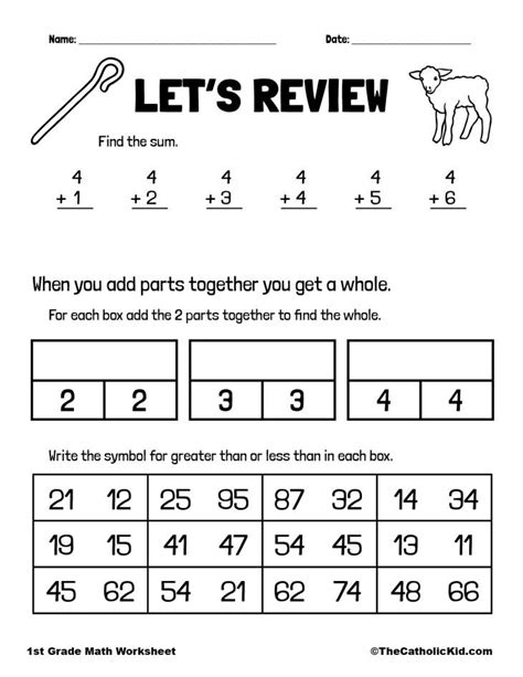 Addition And Gtlt Review 1st Grade Math Worksheet Catholic