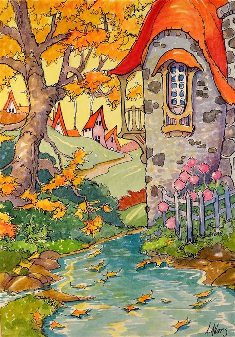 The Autumn Pool Storybook Cottage Series Storybook Art Illustration