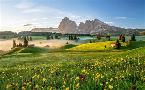 Download Wallpapers Italy Dolomites Mountains Meadows Fog Alps