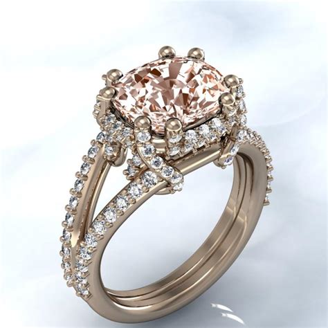 Unique Rose Gold Cushion Morganite And Diamond Halo Engagement Ring