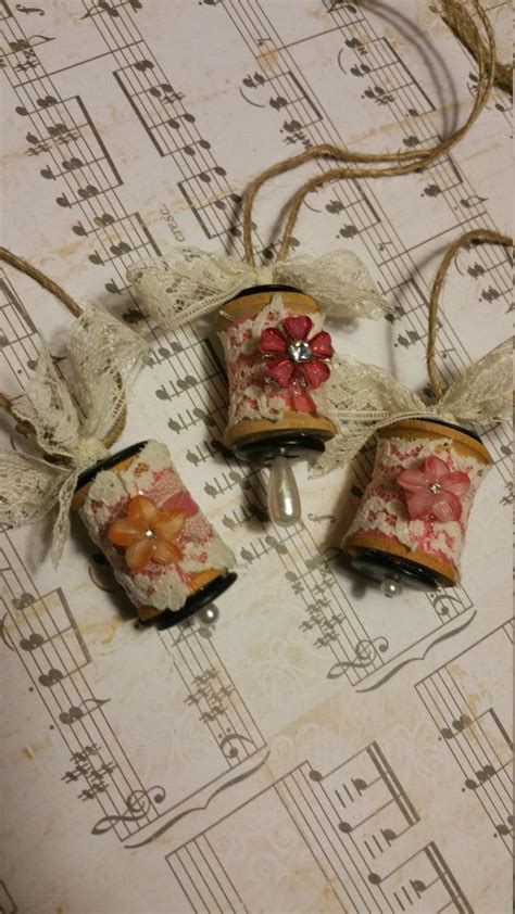 Christmas Ornament Vintage Wooden Spools With Pink Flowers Etsy