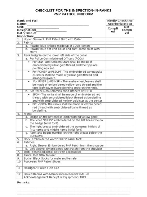 Checklist For The Inspection In Ranks Pdf Shirt Embroidery