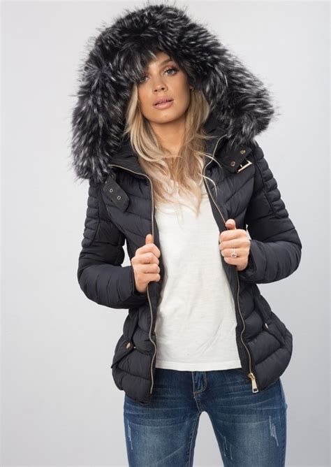 Quilted Faux Fur Hooded Padded Puffer Coat Black Lily Lulu Fashion