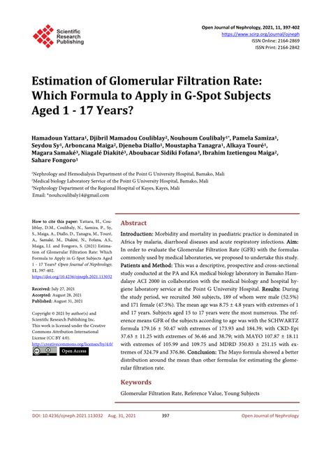 Pdf Estimation Of Glomerular Filtration Rate Which Formula To Apply In G Spot Subjects Aged