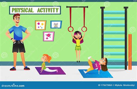 Lichamelijke Activiteit Kinderen Met Een Leraar In De Gym Vector Illustratie Illustration Of