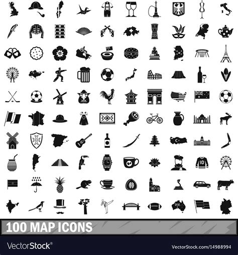 100 Map Icons Set Simple Style Royalty Free Vector Image