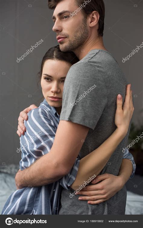 Young Attractive Couple Hugging Bedroom Stock Photo By ©allaserebrina