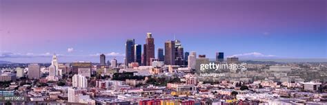 Aerial Panorama Of Downtown Los Angeles At Sunset High Res Stock Photo
