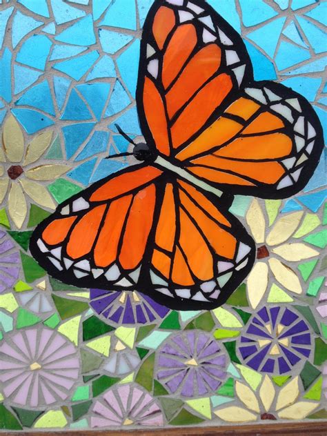 Stained Glass Panel Of Monarch Butterfly In Flower Garden Etsy Mosaic Artwork Stained Glass