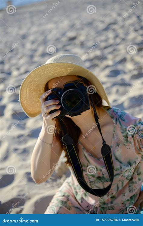 Professional Woman Photographer On The Beach Stock Photo Image Of