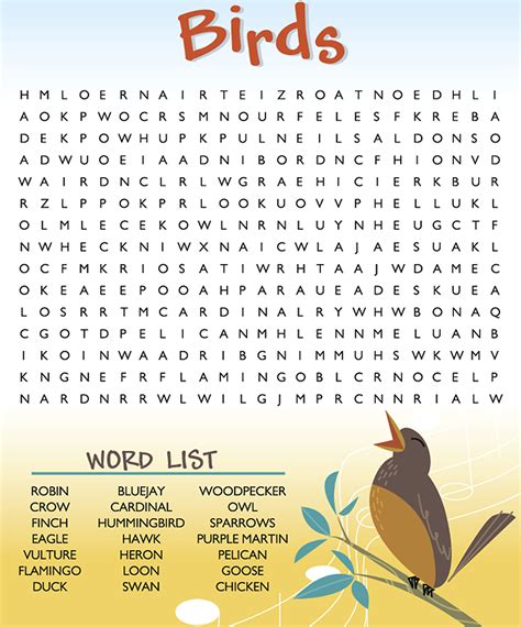 A Bird Sitting On Top Of A Tree Branch Next To A Word Search Puzzle Page