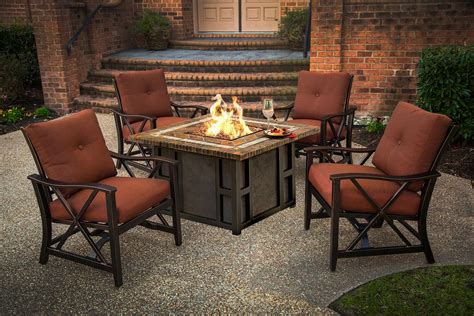 5 Piece Stone Square Gas Fire Pit Table Set W Red Aluminum Patio