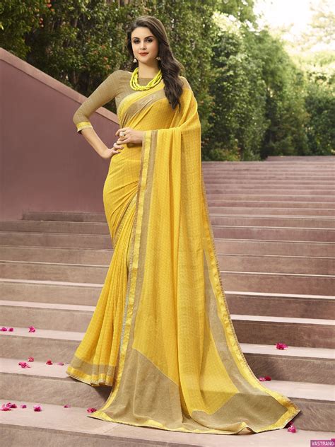 Light Yellow Color Major Georgette Lace Border Saree Fashion Clothes Women Saree Georgette Saree